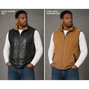Patrick James Reversible Vest Mens 2X Black Leather Camel Wool Cashmere Blend